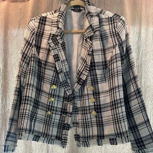 G by Giuliana Women’s Cropped Knit Blazer - black white stripe woven textile